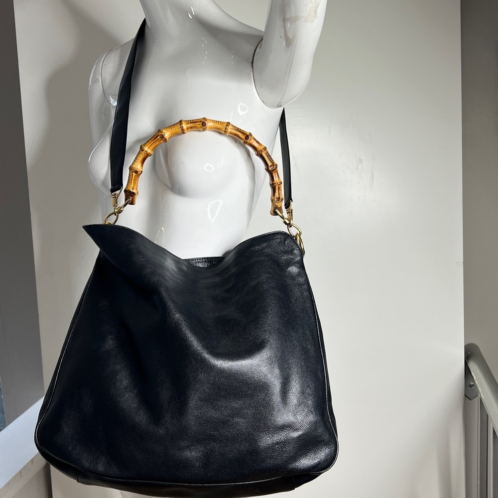 Gucci Black Leather Curved Bamboo Handle Leather Strap Crossbody Bag - Picture 2 of 11